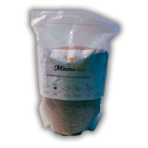 Empaque de la arena para gatos Mínimo Mío 3.5 kg, resaltando su relación calidad-precio